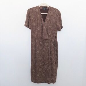 VTG 90s Gillian Womens Silk Dress Sz 10 Brown Floral Wrap Midi Witchy Whimsigoth